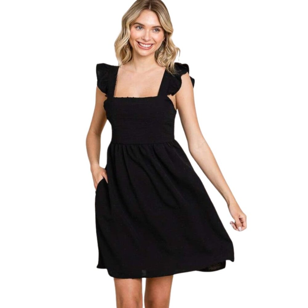 Empire Line Ruffle Sleeve Dress in Black